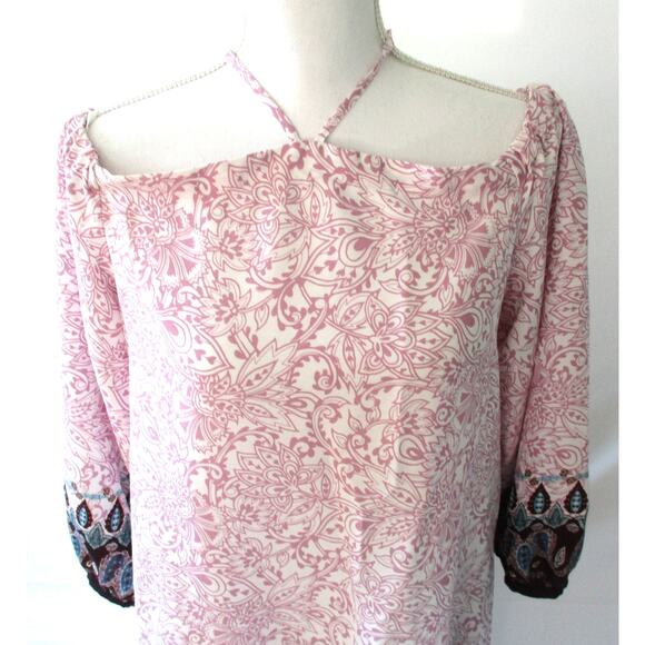 Loft Women's White & Pink Floral Print 3/4 Sleeve Off The Shoulder Dress Size M. - Picture 2 of 9